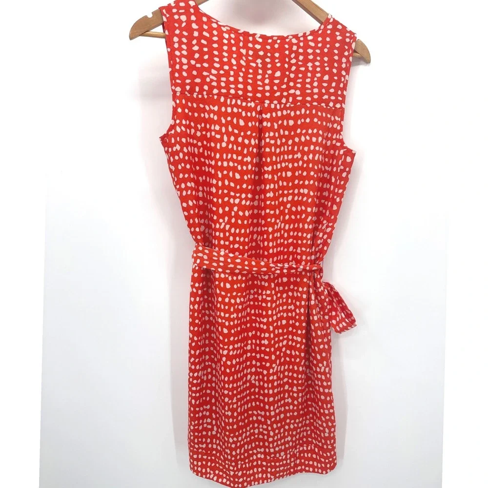 Ann Taylor Shift Womens Dress M Orange White Polka Dot Sleeveless Belted V-Neck
